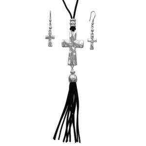 🔴 CLEARANCE Long Silver Cross Black Suede Tassel Necklace Set